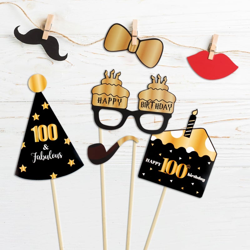 LINGTEER Happy 100th Birthday Party Photo Booth Props,Cheers to 100th Birthday 100th Years Old Bday Party Centerpieces Props Decorations Sign. - Image 2